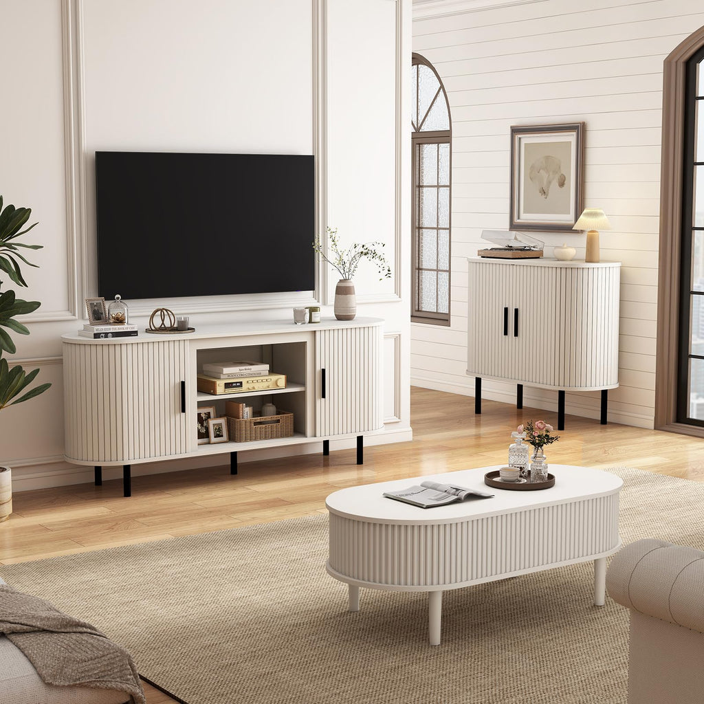 65'' Fluted TV Stand-Curved TV Cabinet with Storage, Sliding Doors & Adjustable Shelves-Modern Entertainment Center