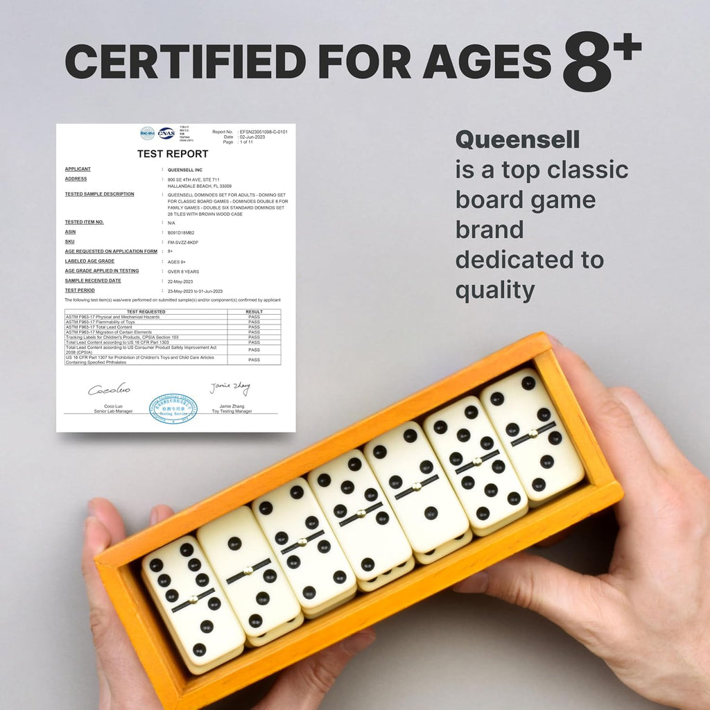 Dominos Set for Adults, Double 6 Dominoes Set with 28 Tiles in Wooden Case, Classic Dominoes, Family Board Game