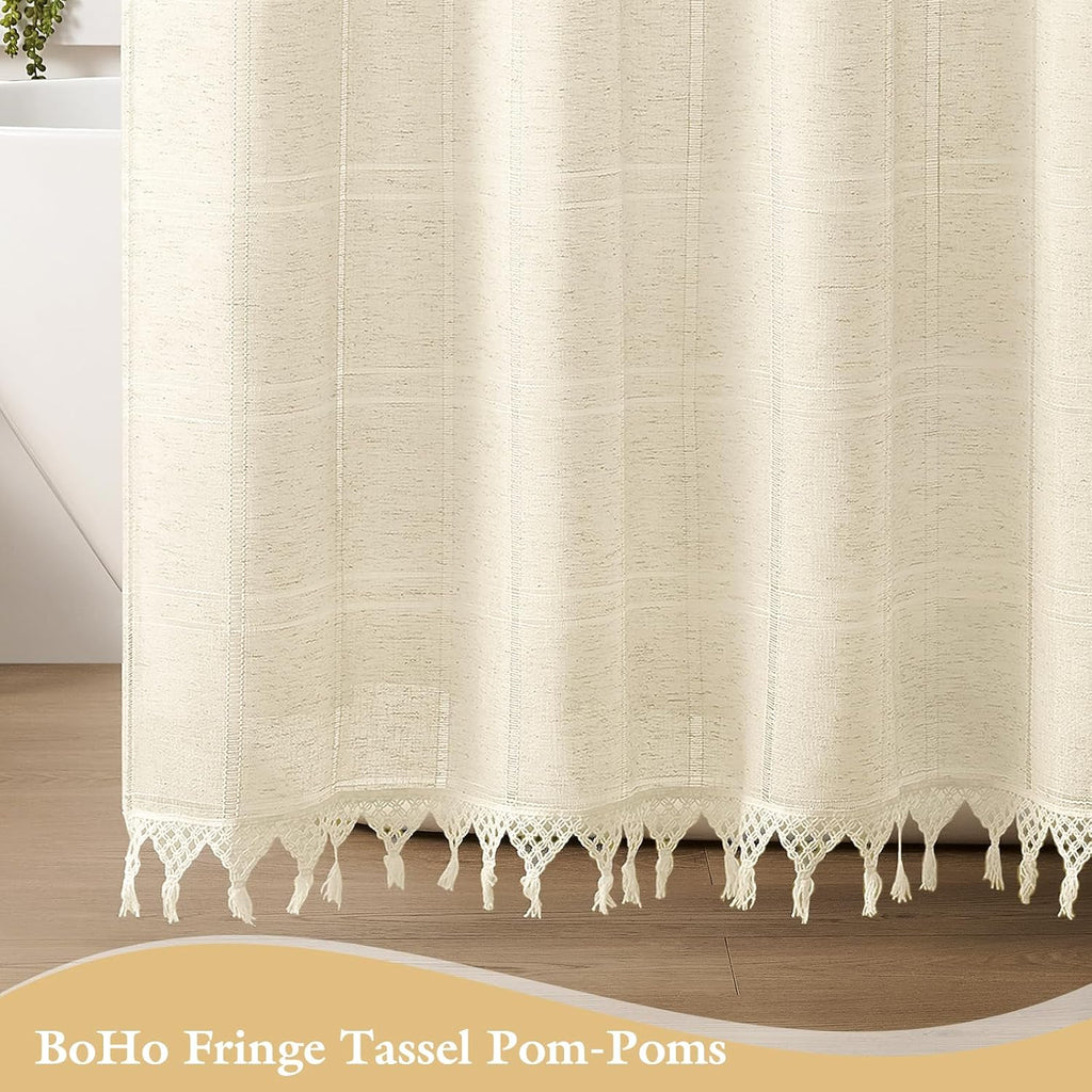 Linen Boho Farmhouse Shower Curtain Set with Tassel, Modern Bohemian French Country Chic Bathroom Shower Curtain Set