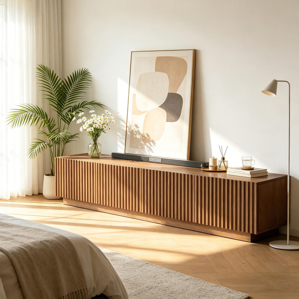 86.61" Fluted TV Stand, Mid-Century Modern Wooden Media Console
