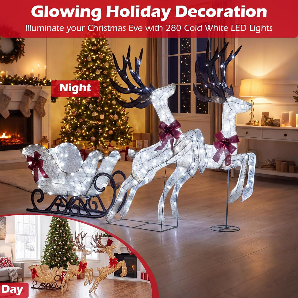 3-Piece Christmas Lighted Reindeer & Sleigh Set, Cold White