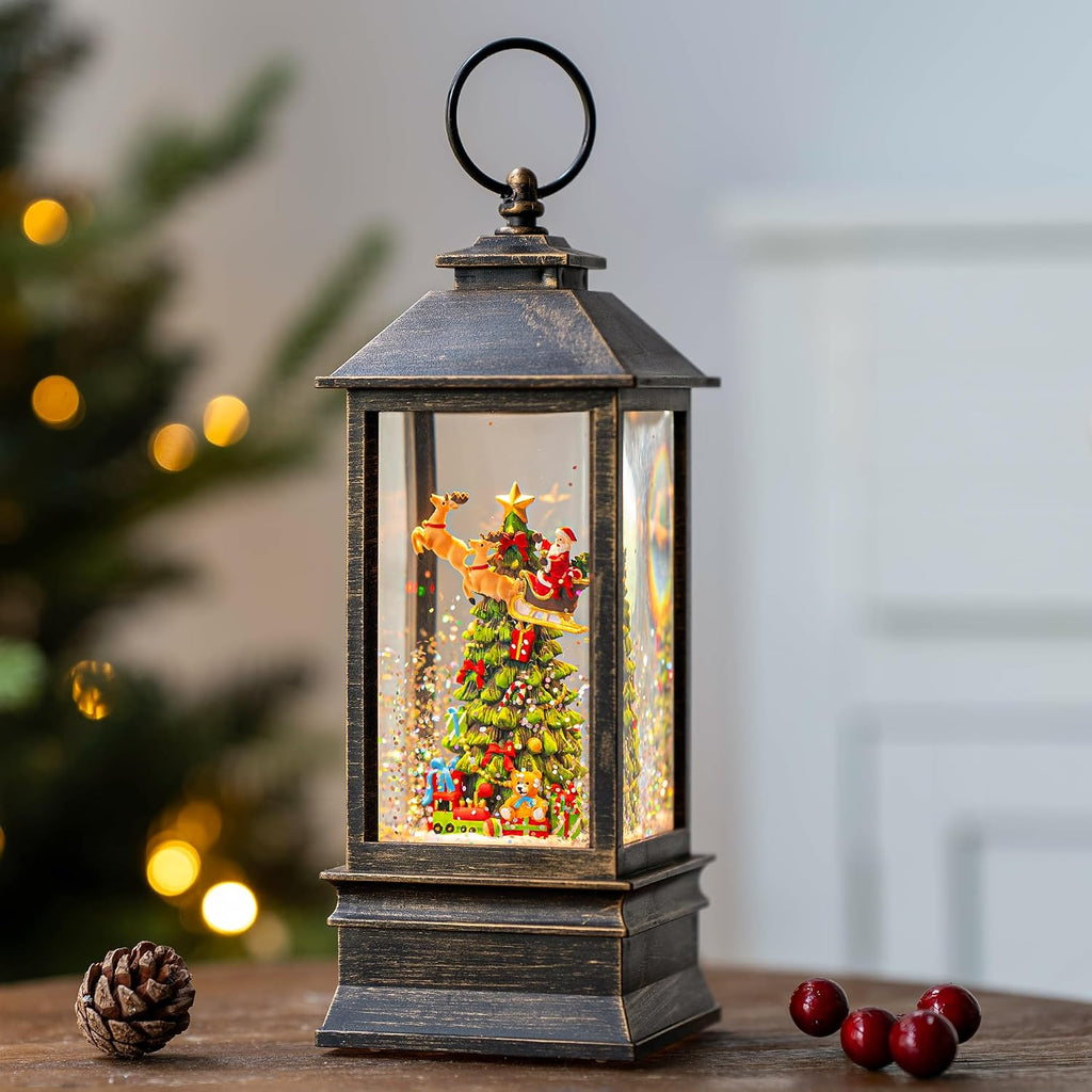 Christmas Snow Globe Lantern with Music & Timer, Vintage Lighted Musical Snow Globe with Swirling Water Glitter