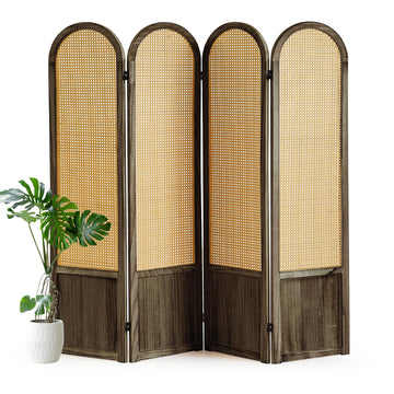 4 Panel Rattan Room Divider Screen, Boho Folding Privacy Screen