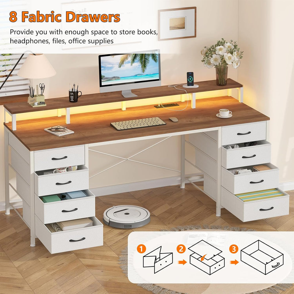 60" Computer Desk with 8 Drawers & Monitor Stand | Gaming Desk with LED Lights & Power Outlets, Home Office Desk with