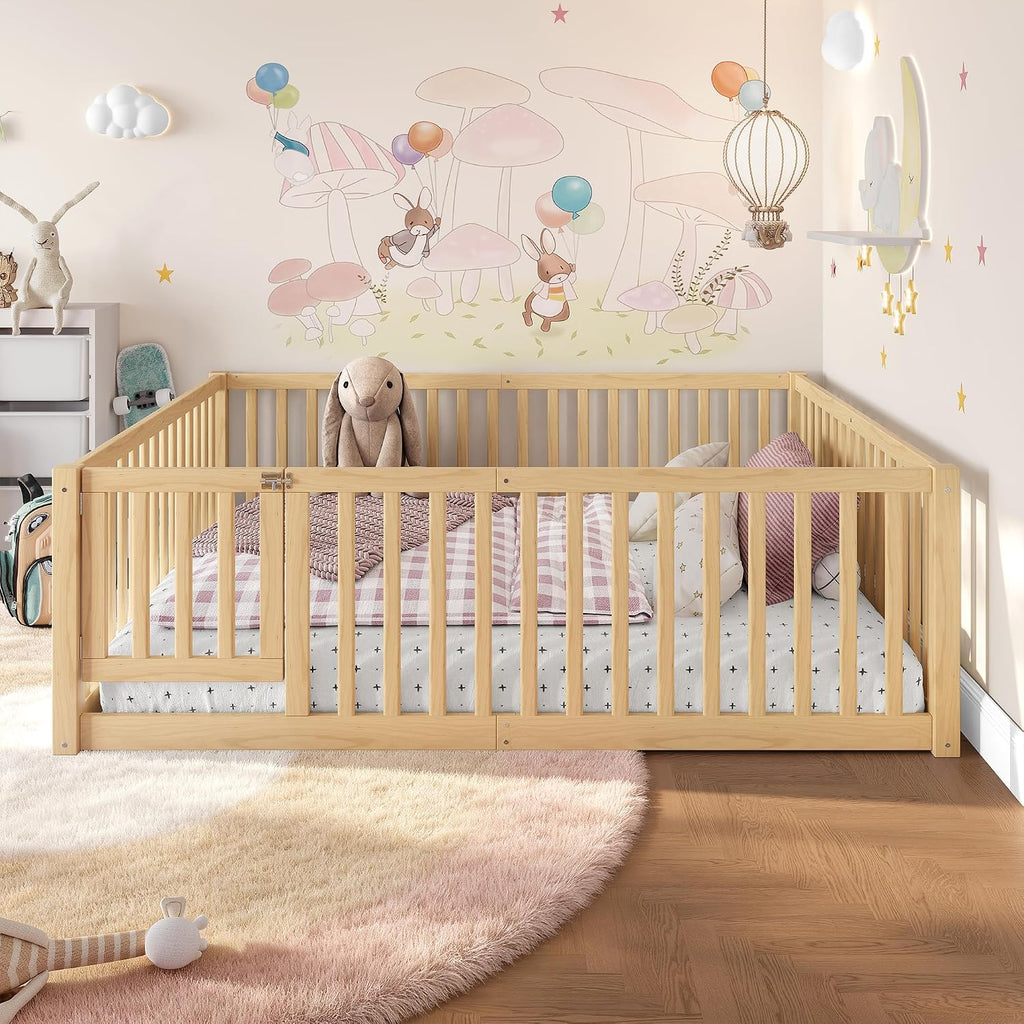 Full Size Kids Montessori Floor Bed with Door,Solid Wood Floor Bed Frame with High Fence for Girls,Boys,Natural