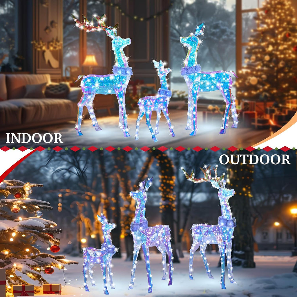54 Inch 3D Colorful Large Lighted Christmas Deer Decorations 3-Piece Outdoor Holiday Decorations Reindeer Set