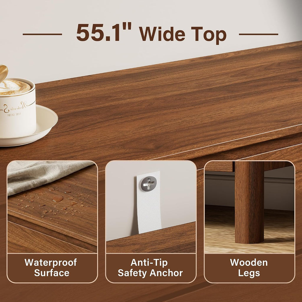 Walnut Mid-Century Modern 3 Piece Bedroom Furniture Set, 6 Drawer Dresser with Handleless Wood Grain Design and