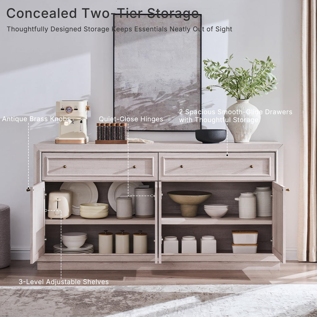 63" Modern Farmhouse Buffet Cabinet with Storage, White Alder