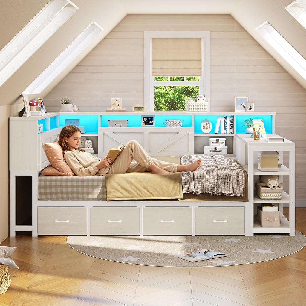Corner Bed Frame with Desk, Bookcase Headboard, Storage Shelves & 7 Drawers, Farmhouse Twin Size Wood Platform Bed