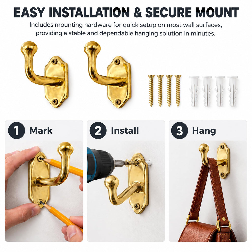 Unlacquered Solid Brass Wall Hooks - Handmade Heavy Duty Coat & Towel Hooks, Wall Mounted Brass Hooks Decor | Vintage