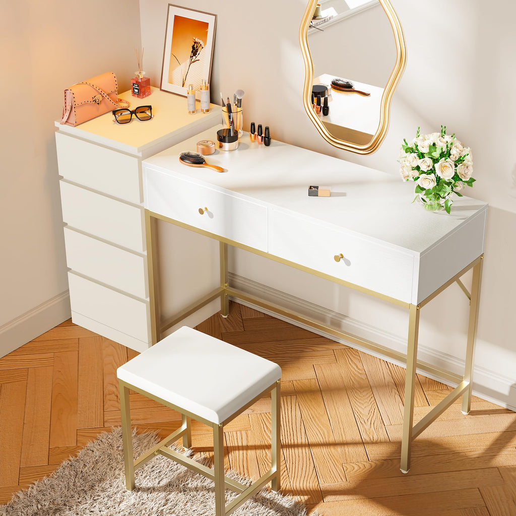43-inch Modern White & Gold Desk - 2 Drawer Vanity
