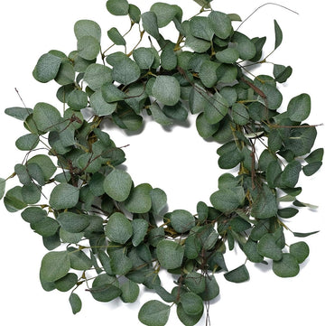 Eucalyptus Leaves Wreath Metal Polyester Fabric Paper Round Green Wreath 22 Inches for The Front Door Decor