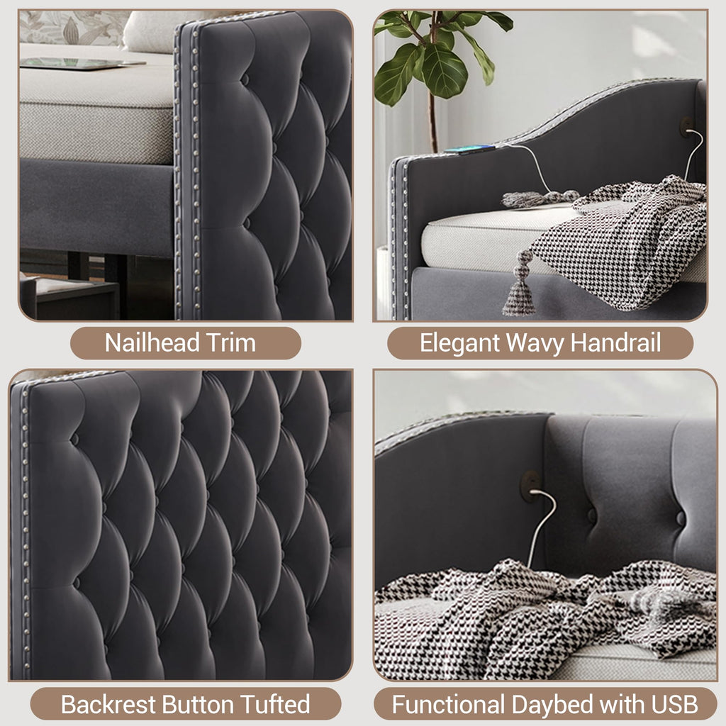 Daybed with Storage Drawers, Full Size Velvet Upholstered Sofa Bedframe w/USB Port, Button Tufted Backrest and