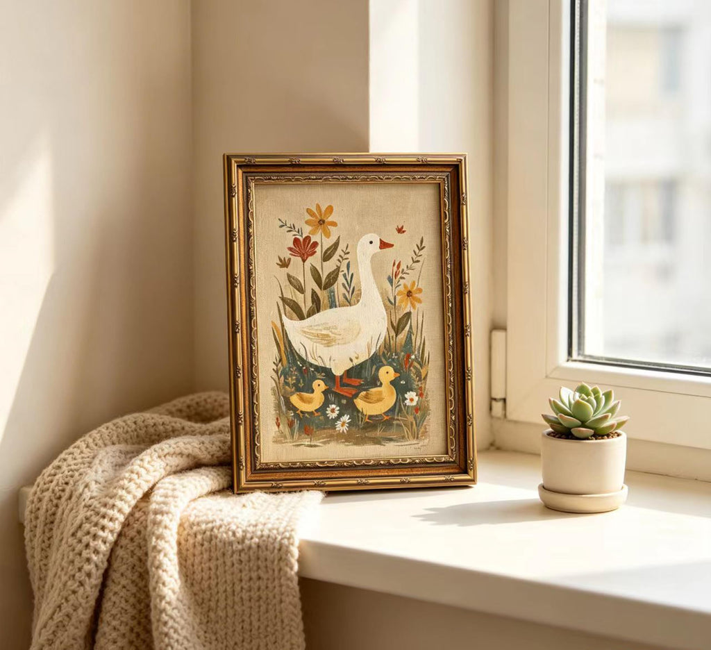 Vintage Gold Framed Goose Wall Art, Retro Floral Farm Animal Oil Painting Canvas Print, Antique Neutral Cottagecore
