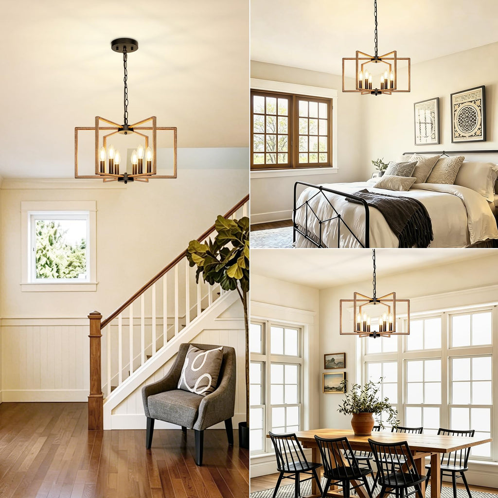 6 Light Rustic Chandelier, Dining Room Light Fixture, Brushed Rustic Wood