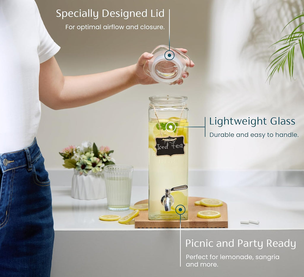 Glass Drink Dispenser, with Leak-Proof Stainless Steel Spigot, Clear Rectangular Mason Jar, Beverage Storage