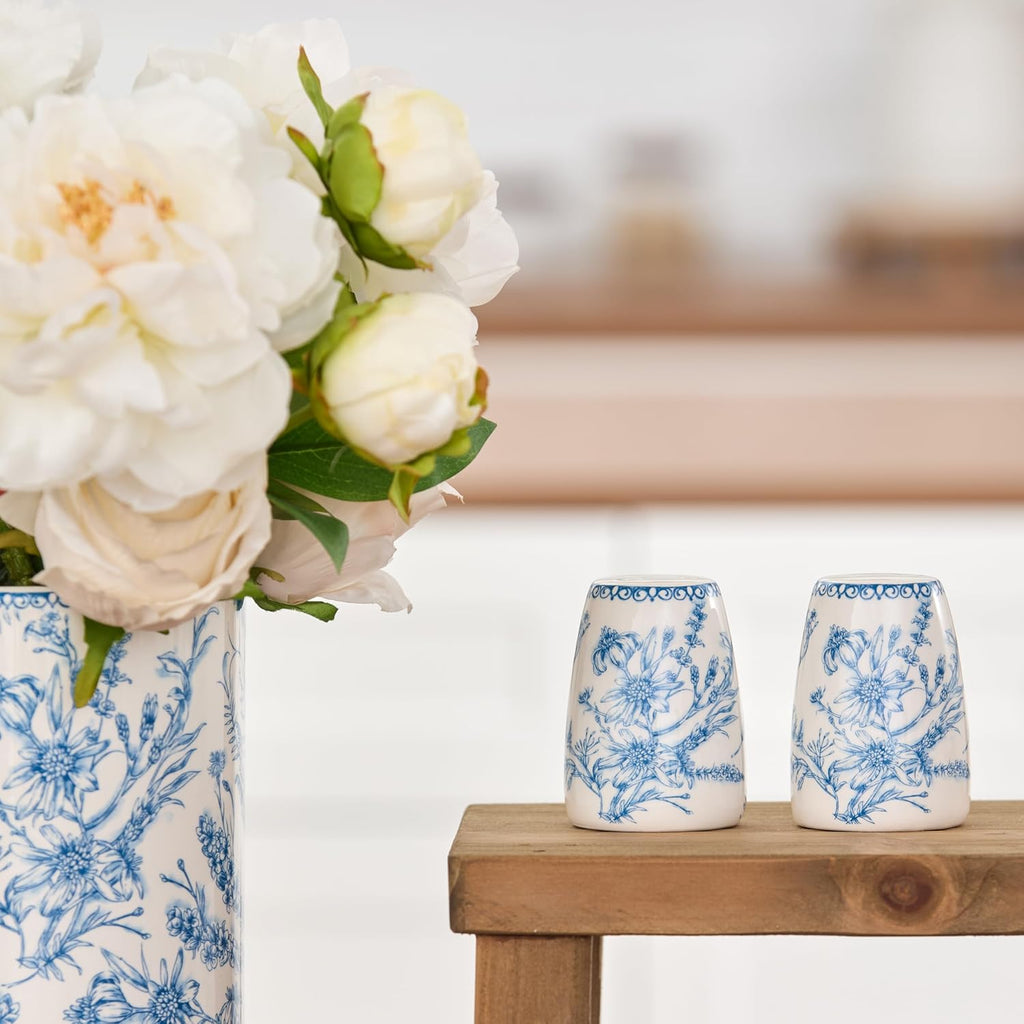 Blue Garden Toile De Jouy Ceramic Salt & Pepper Shaker Set or Decor, Dishwasher Safe - Set of 2