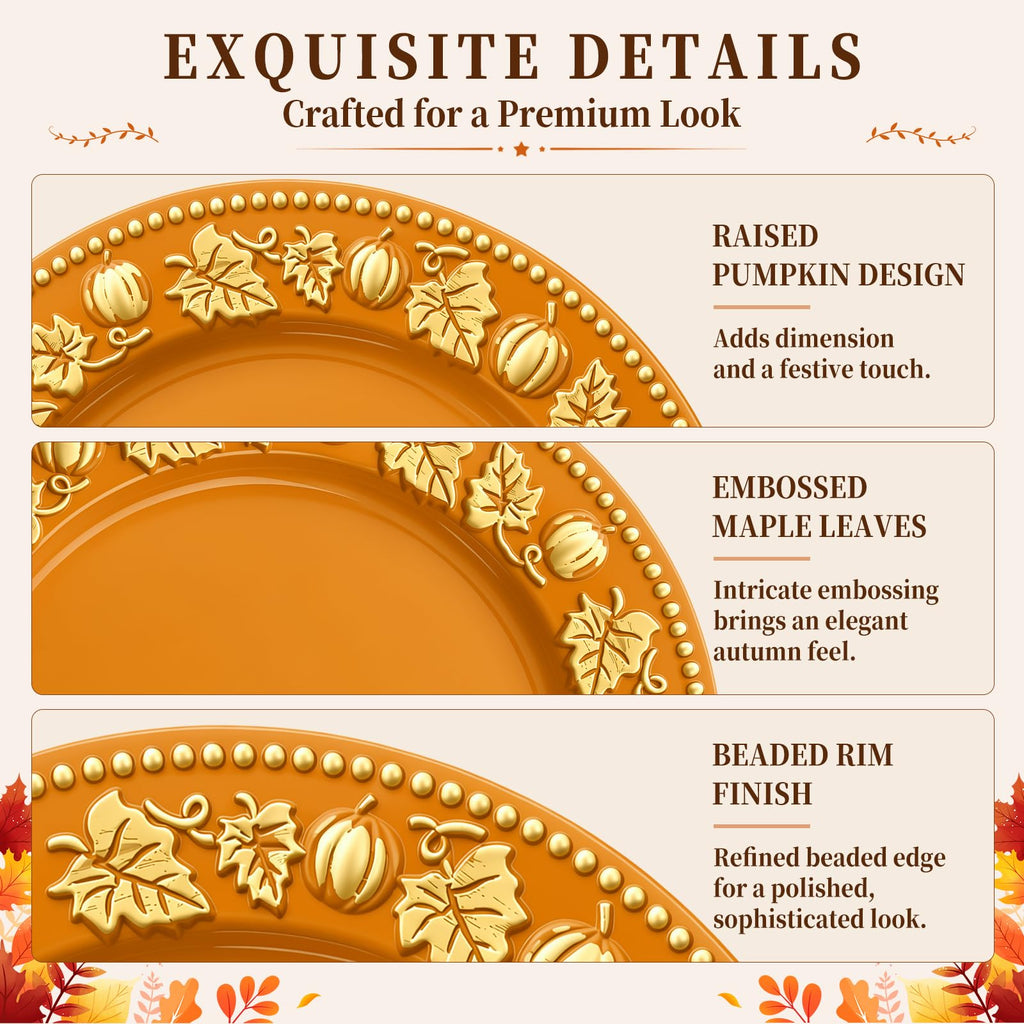 8 Pcs 13 Inch Orange Charger Plates with Pumpkin & Fall Leaf Edge