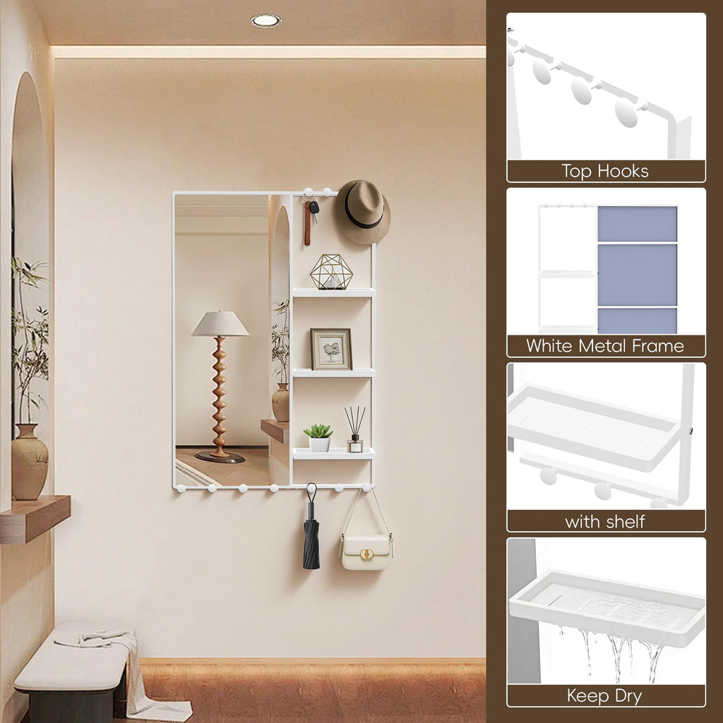 38" X 26" White Wall Mounted Mirror for Wall, Full Length Mirror with Shelf and Hooks, Large Wall Mirror with 3 Trays