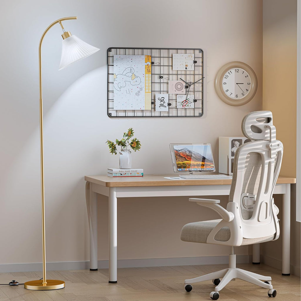 Glass Floor Lamp, Dimmable Gold Standing Lamp with Remote & Foot Switch, Ribbed Frosted Glass Shade