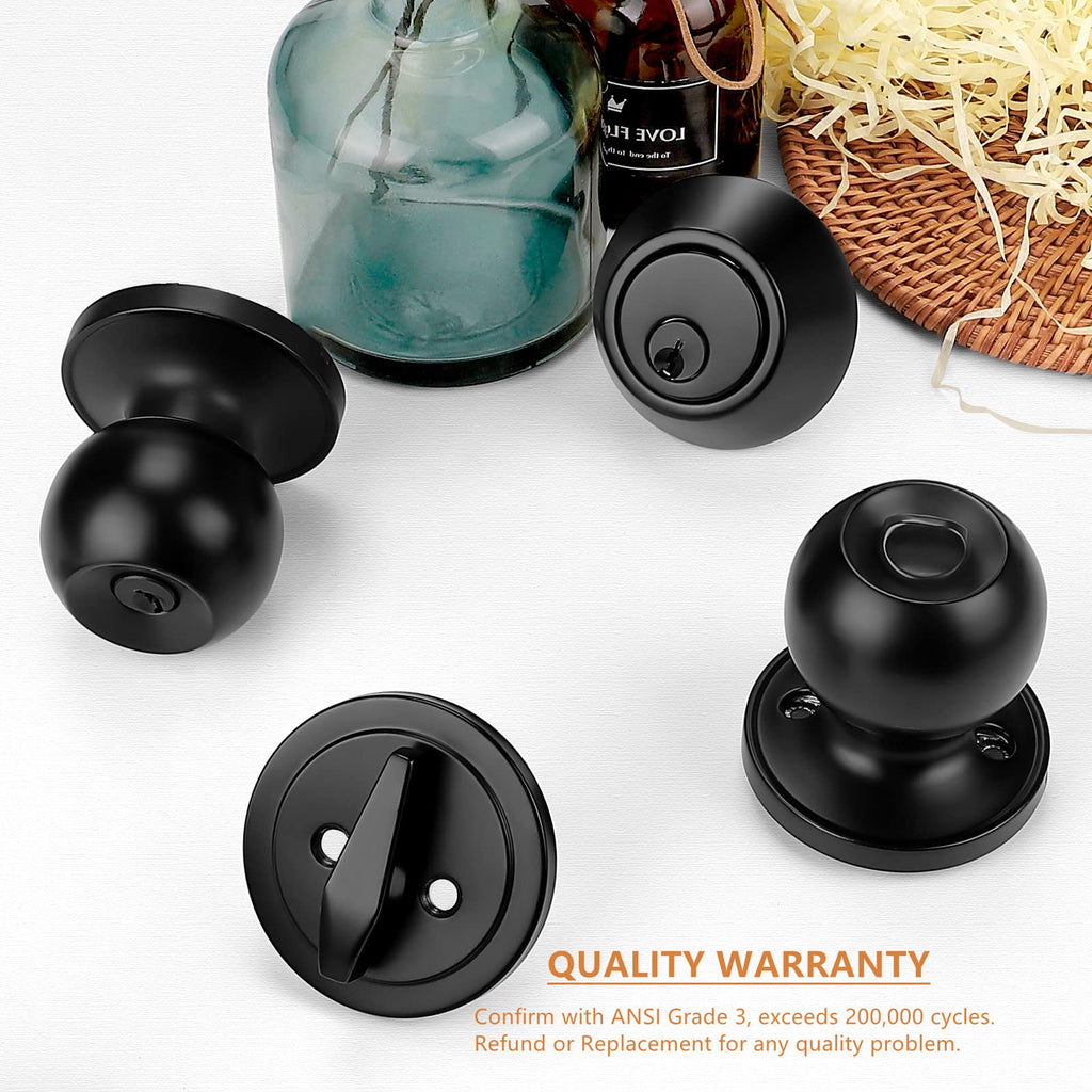 Exterior Door Knob and Single Cylinder Deadbolt, Front Door Handle and Deadbolt Set, Keyed Alike Combo, Matte Black