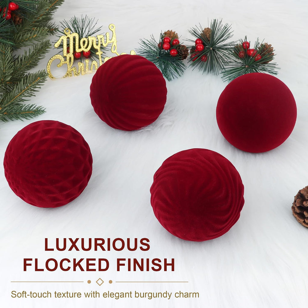 Inch Velvet Christmas Ball Ornaments, Large Tree Decorations, Burgundy, 4 - Set of 4