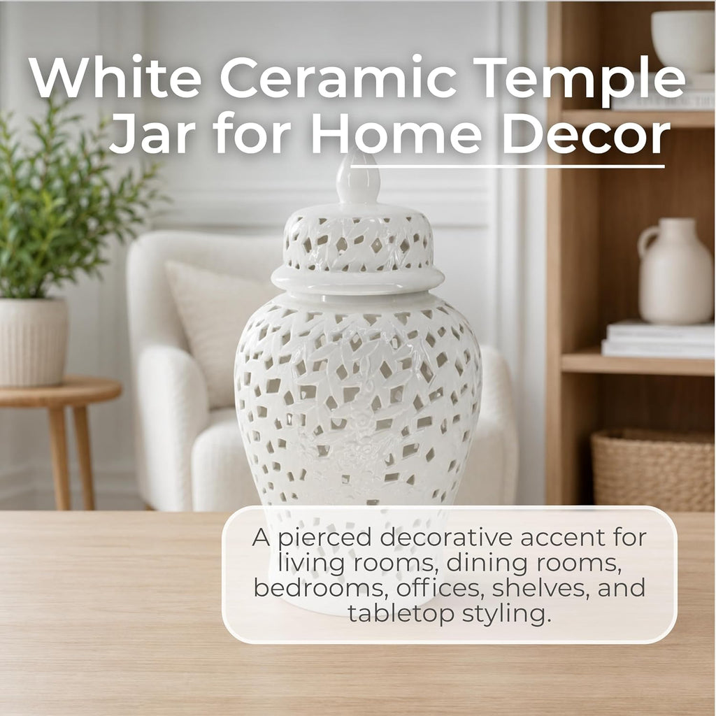 Pierced Lattice Ginger Jar with Lid - Hand-Painted Stoneware Ceramic Decorative Vase Decor - Modern Centerpiece