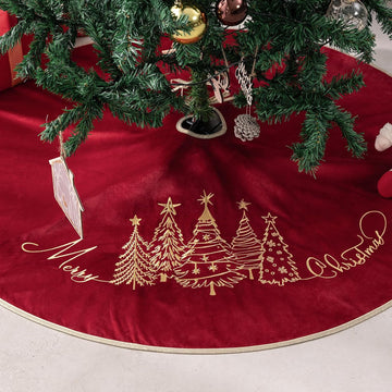 50 Inch Red Velvet Christmas Tree Skirt, Tree Embroidery