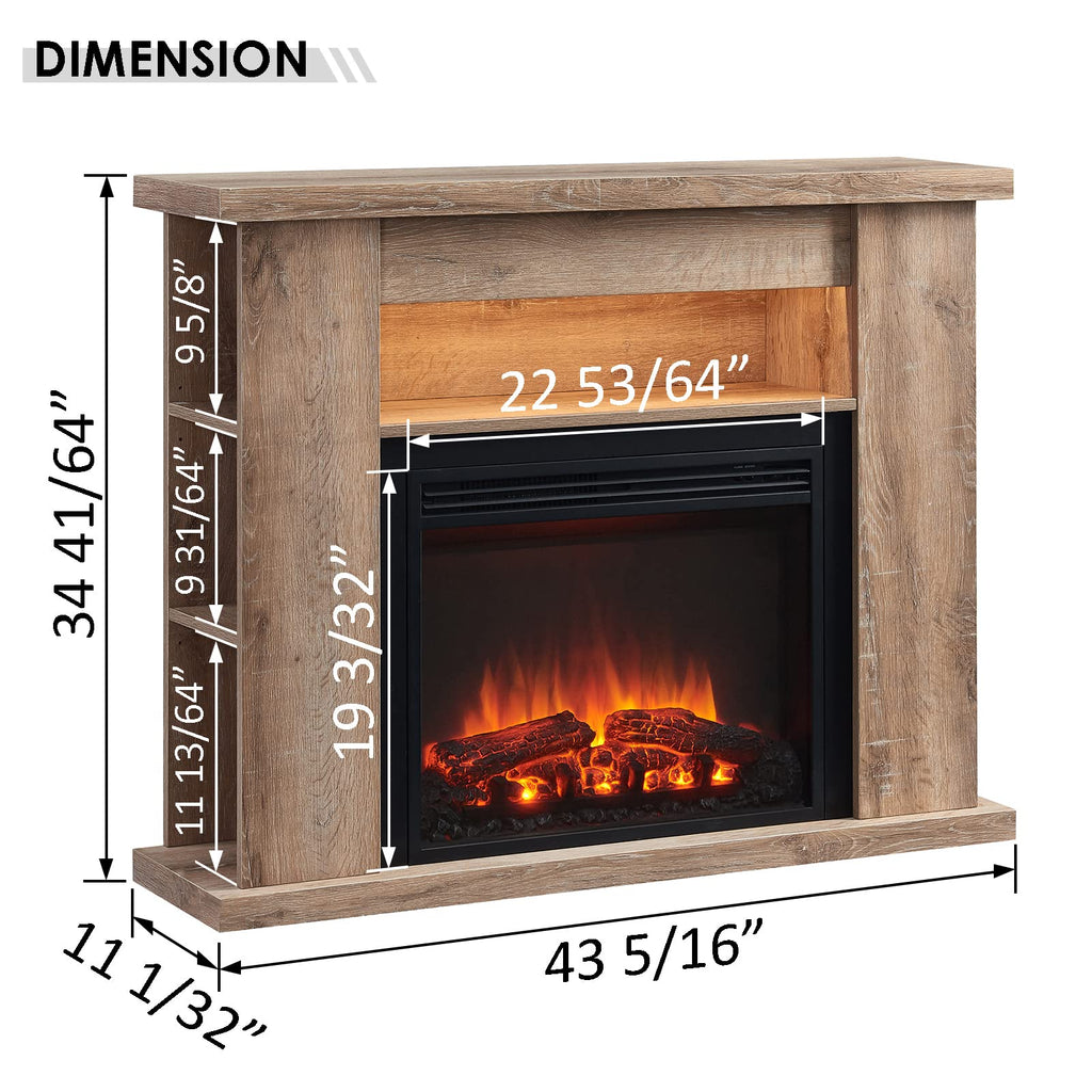 LegendFlame Barron Electric Fireplace with 43" Storage Shelf Mantel Surround and Jaden 23" Insert, Rustic Light Oak