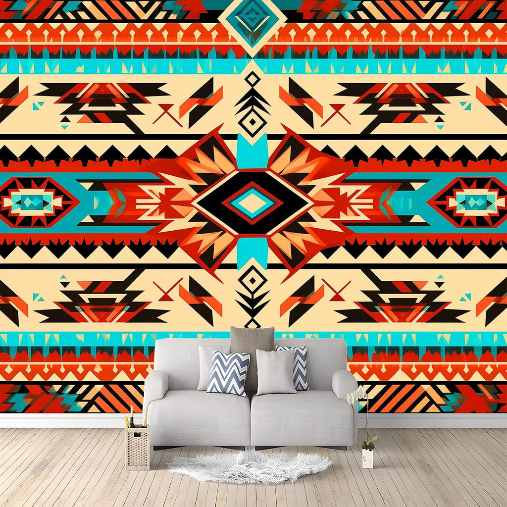 99" W x 69" H Non-Woven Mural Tribal Theme Traditional Geometric Theme Wallpaper Removable Not Self-Adhesive Large