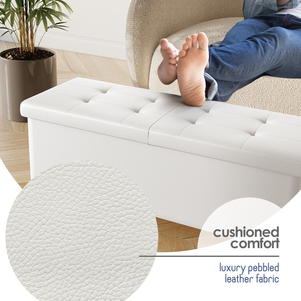 Storage Ottoman Bench with Bins, 43-in Storage Bench End of Bed, Folding Foot Rest Ottoman Max 660lbs, Faux Leather