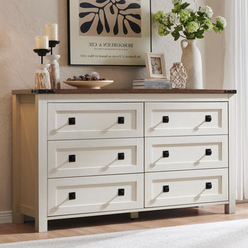54" Wide Farmhouse 6-Drawer Dresser, Antique White