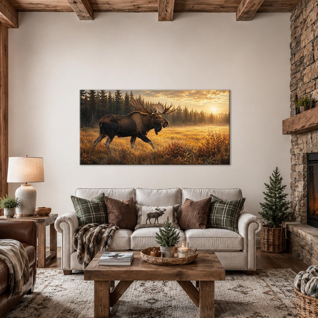 Moose Wall Art Rustic Wildlife Canvas Painting Woodland Animal Prints Serene Mountain Forest Picture Lodge Cabin
