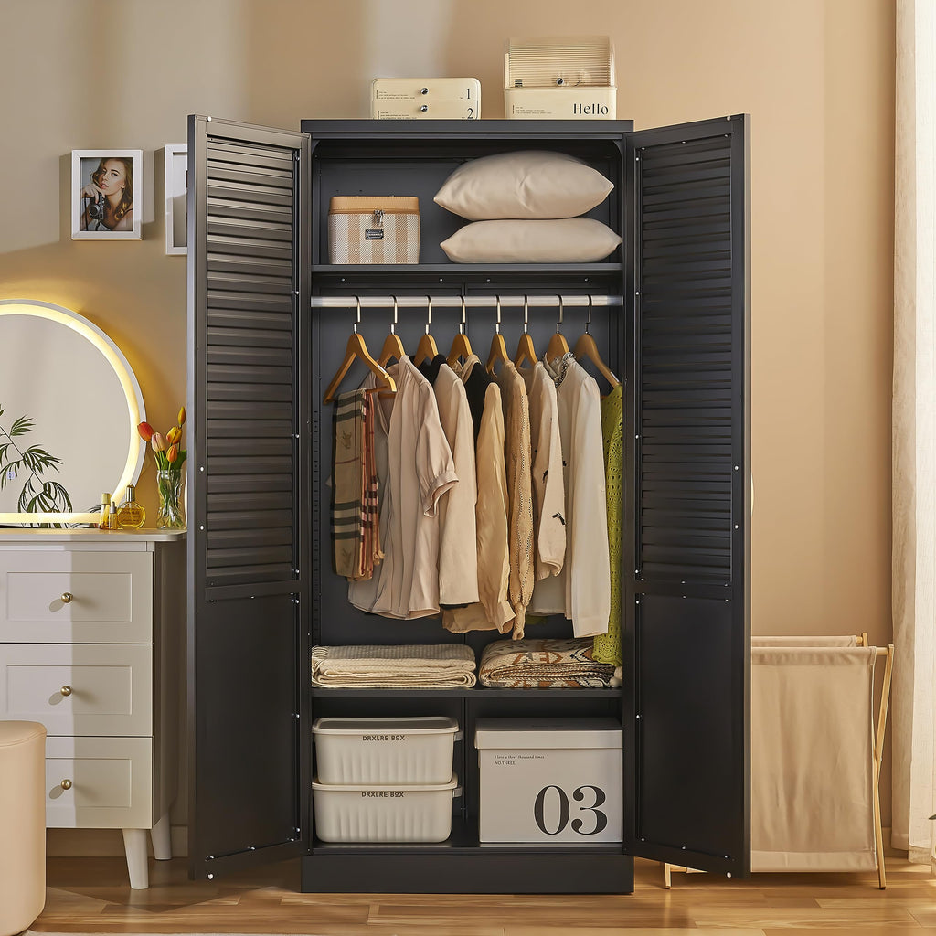 71" Tall Metal Wardrobe Closet with Hanging Rod, Adjustable Shelves