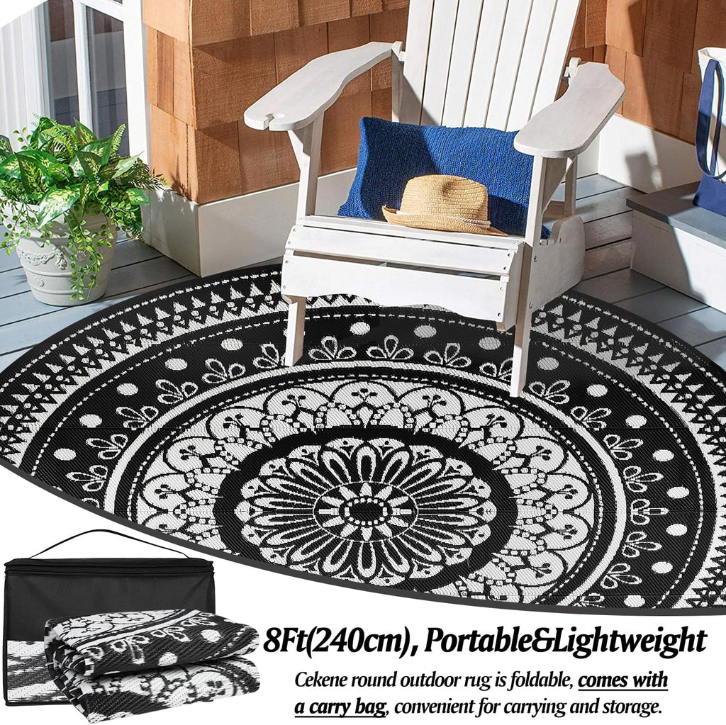 Round Outdoor Rugs 8Ft Waterproof Reversible Outdoor Patio Rugs Black Lightweight Plastic Straw Rugs Portable RV