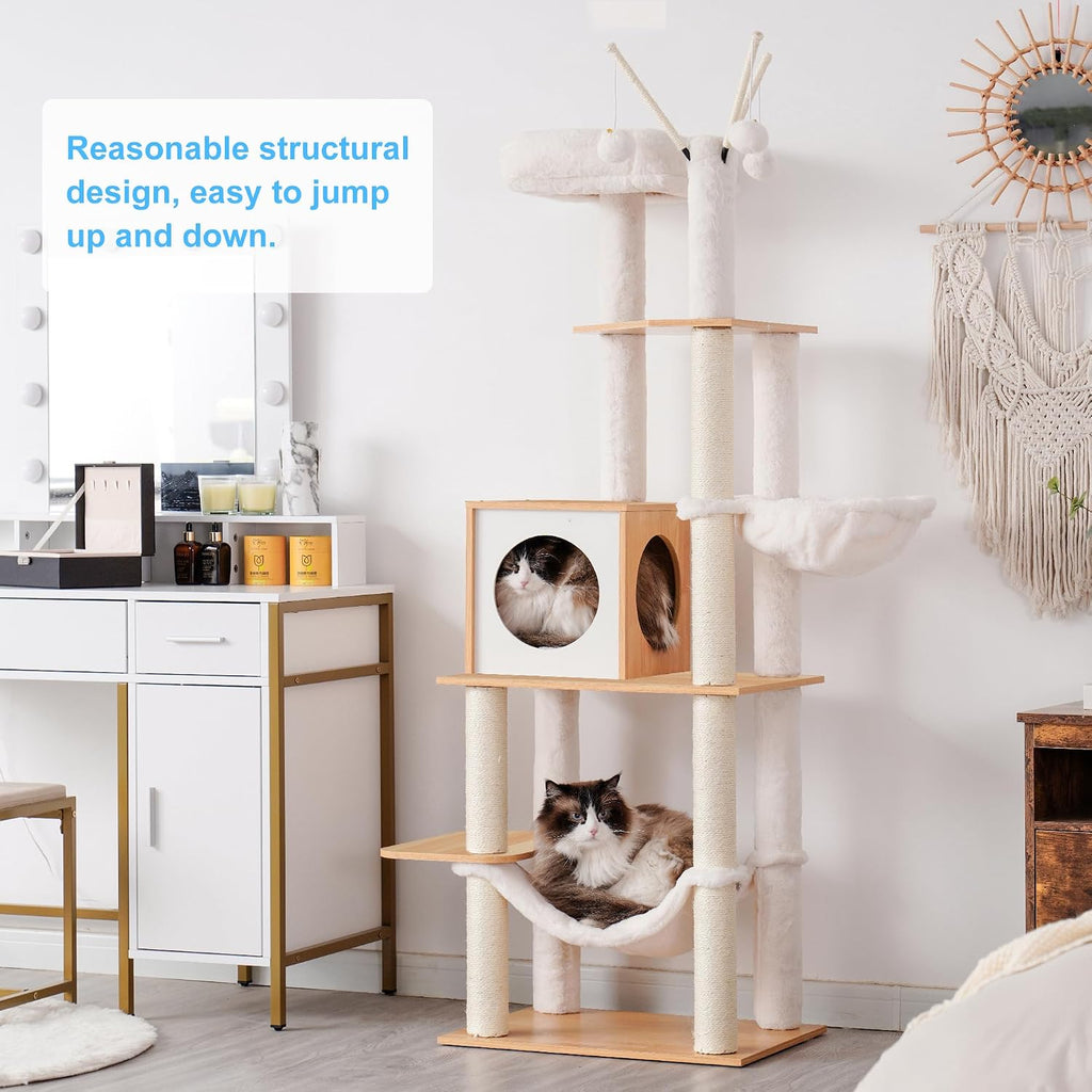 Wooden Cat Tree Tower with Hammock for Indoor Cats