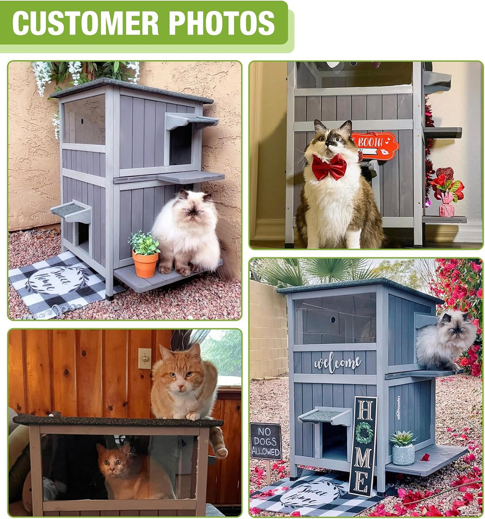 2 Story Wooden Outdoor Cat House Weatherproof with Escape Doors, Openable Roof, Feral Cat Shelter with Elevated Base