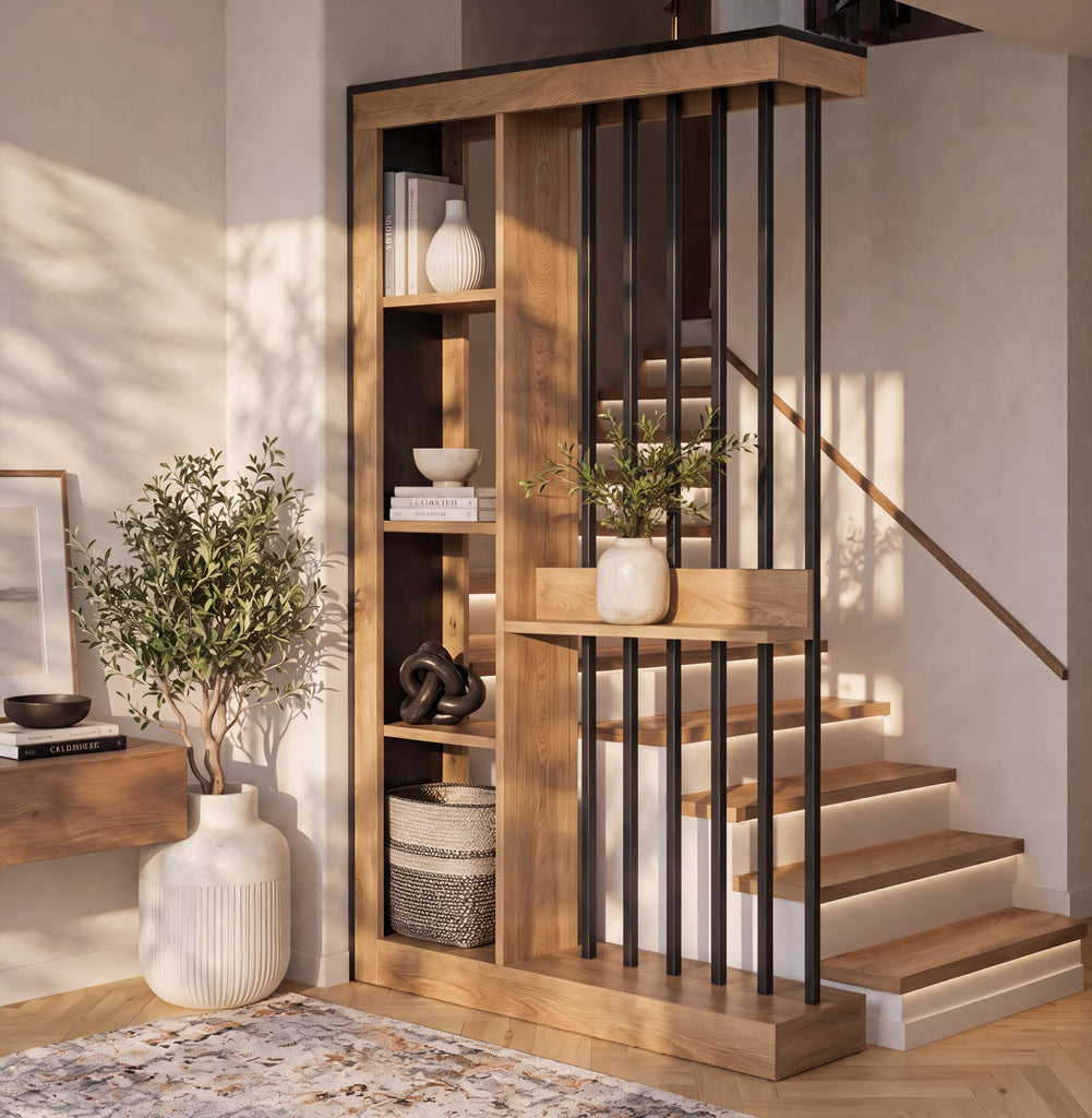 Wall Room Divider with Shelves, 71" Freestanding Wood Partition
