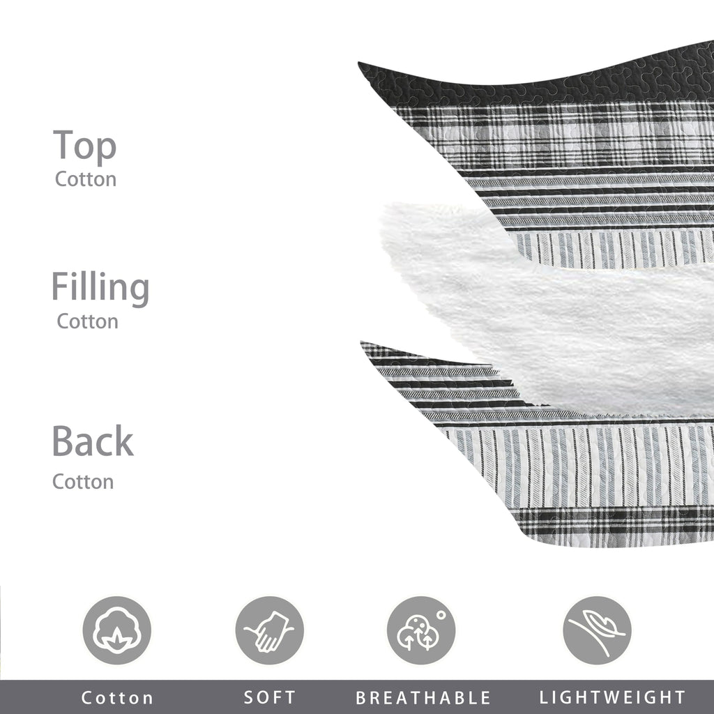 100% Cotton Quilt Set, 118'' x 106'' Oversized Bedspread Set with 2 Pillow Shams, Black Plaid Striped
