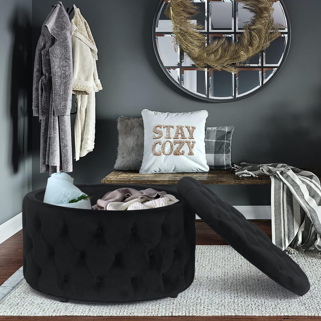 Round Storage Ottoman, Button Tufted Upholstered Ottoman with Removable Top, Storage Bench Coffee Table Footrest