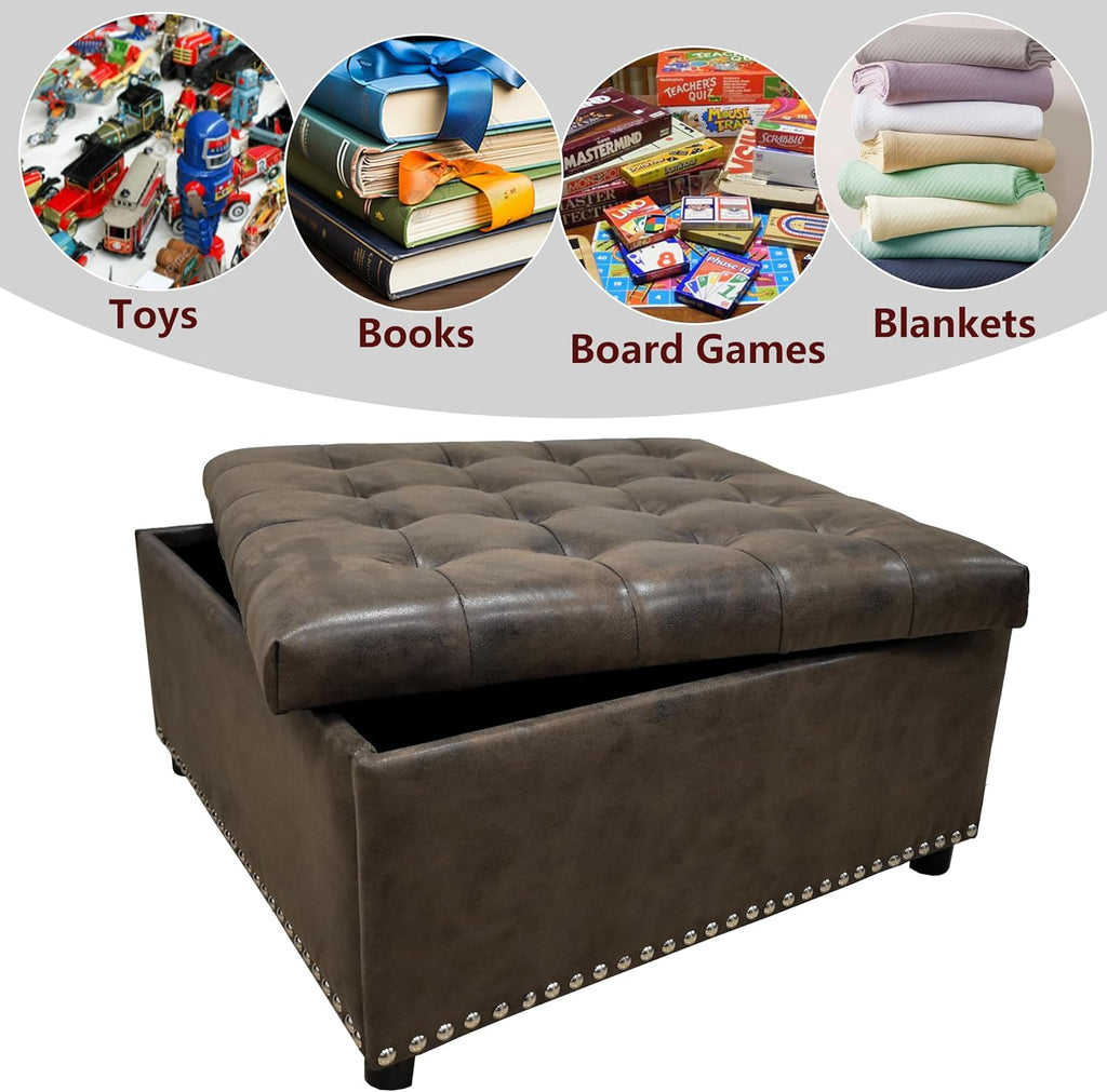 Brown PU Leather Large Square Storage Ottoman with Nailhead Trim ,30" Vintage Faux Leather Upholstered Ottoman Coffee