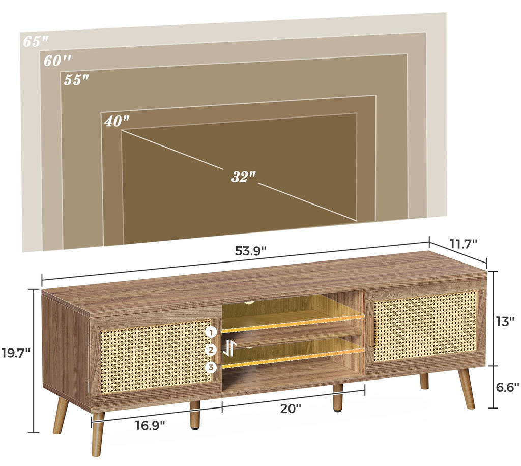Boho TV Stand for 65 Inch TV, Entertainment Center with Adjustable Shelf, Rattan TV Console with 2 Cabinets, Media