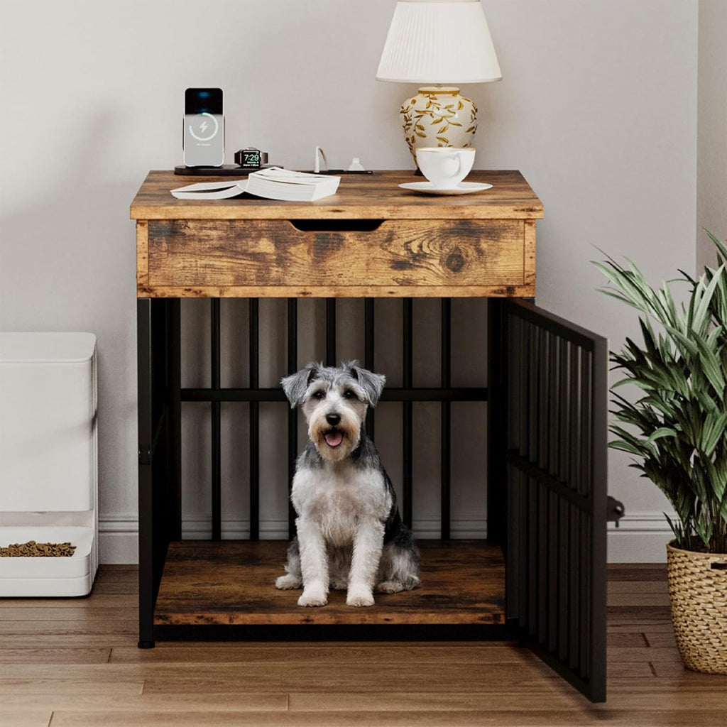 Dog Crate Furniture for Small Dogs, Wooden Dog Kennel with Flip Top Drawer