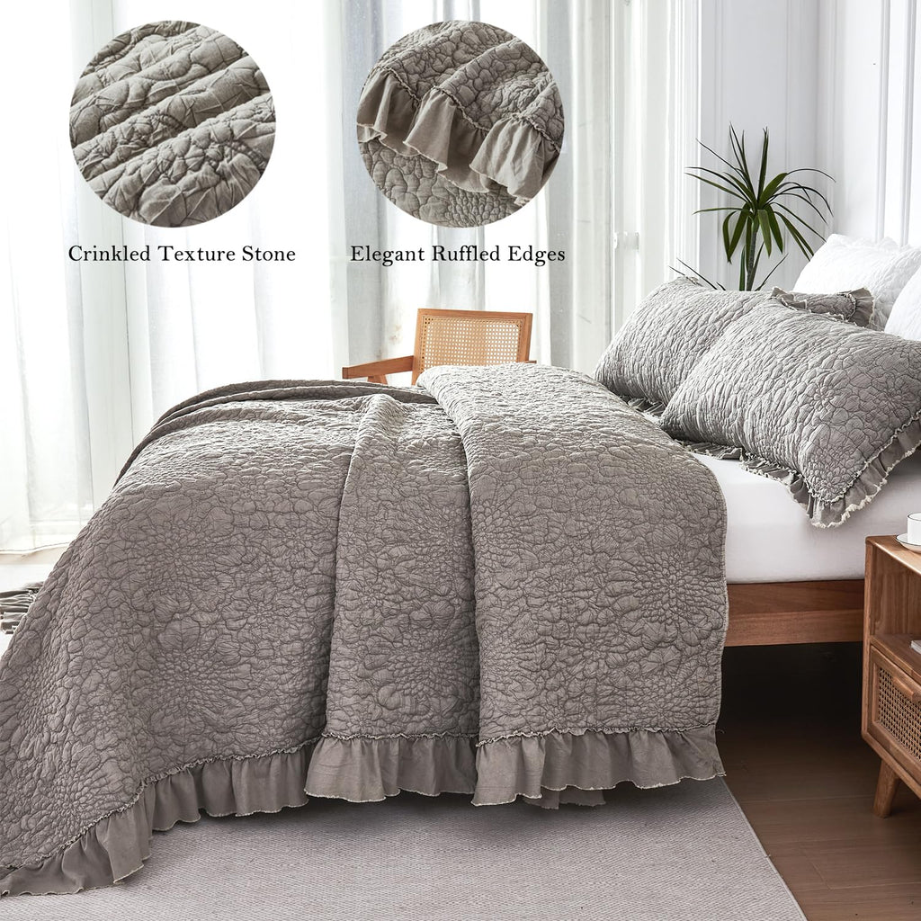 Tan Taupe Crinkled Ruffled Quilt Set 3pcs 80''x90''