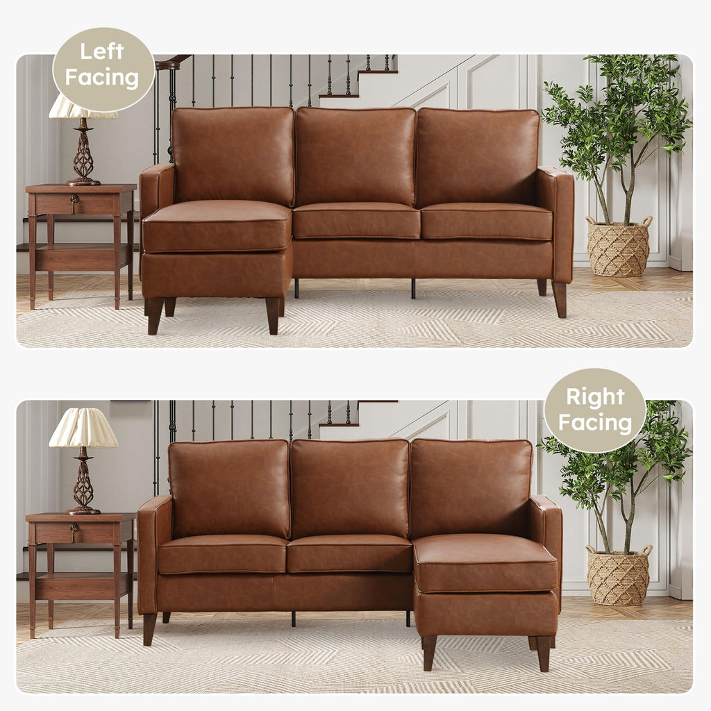 Faux Leather L Shaped Couch with Solid Wood Feet, 3-Seater Sofa with Reversible Chaise, Sectional Couches, Brown
