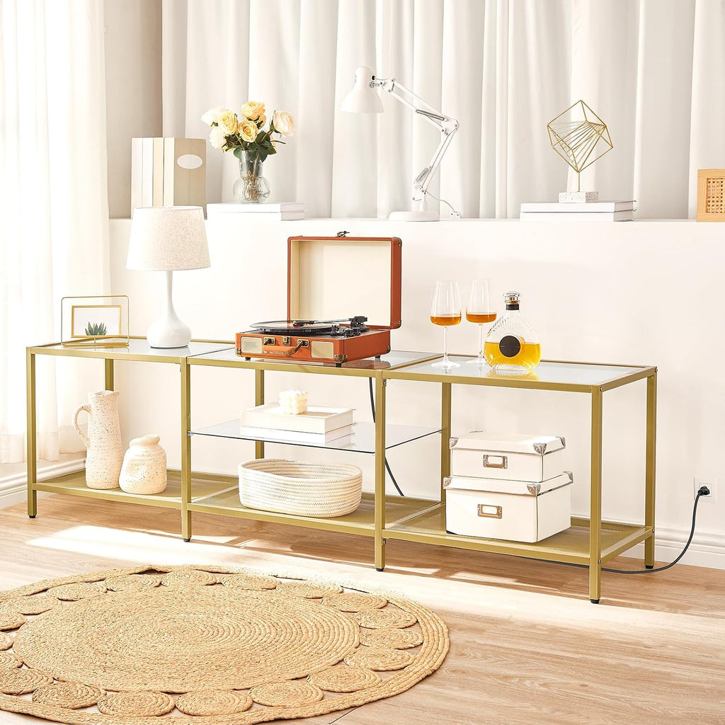 TV Stand with LED Lights and Power Outlets for TVs up to 75", Modern 70.9 Inch Tempered Glass TV Console Table with