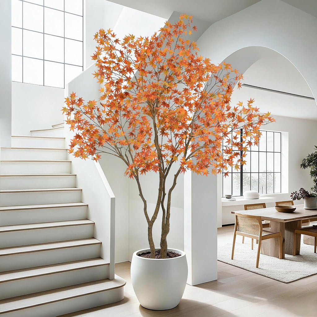 Maple Tree 7FT - Large Faux Plant Indoor with 1104 Orange Red Leaves & Realistic Trunk, 84" Tall Fake Autumn Maple
