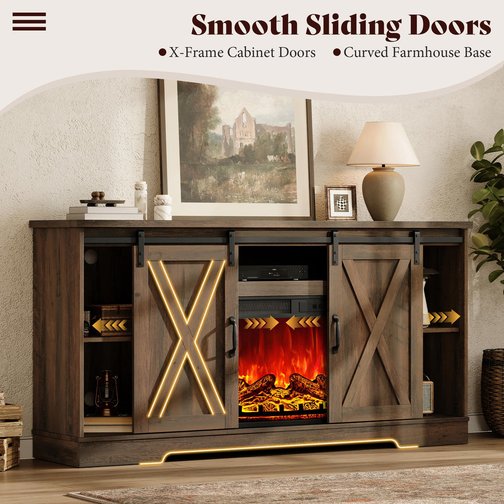 59" Fireplace TV Stand for TVs up to 65" with Sliding Barn Doors