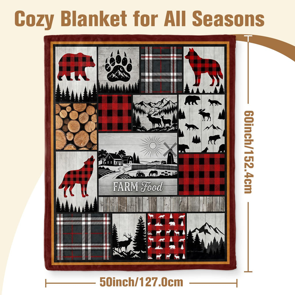 Rustic Cabin Blanket 50 x 60, Buffalo Plaid Wildlife Fleece Throw