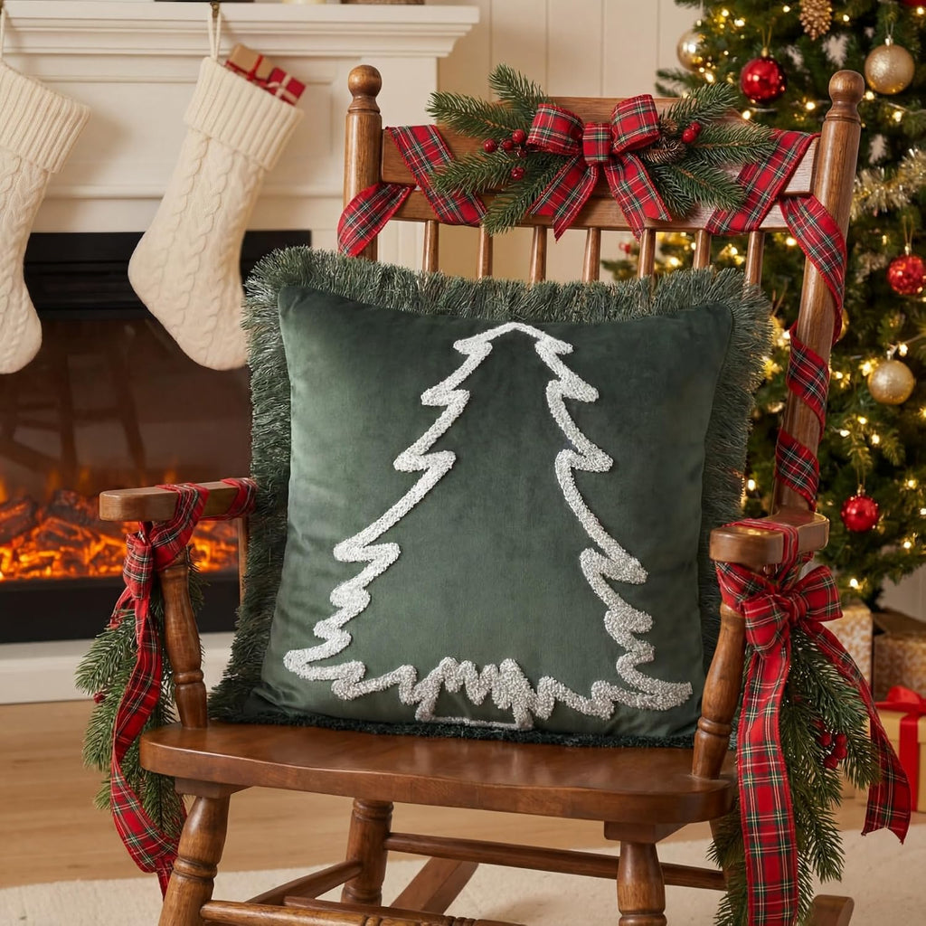 Velvet Christmas Pillow Covers 18x18 Inch Fringe Christmas Tree Embroidery Pillowcase Dutch Velvet Boho - Set of 2